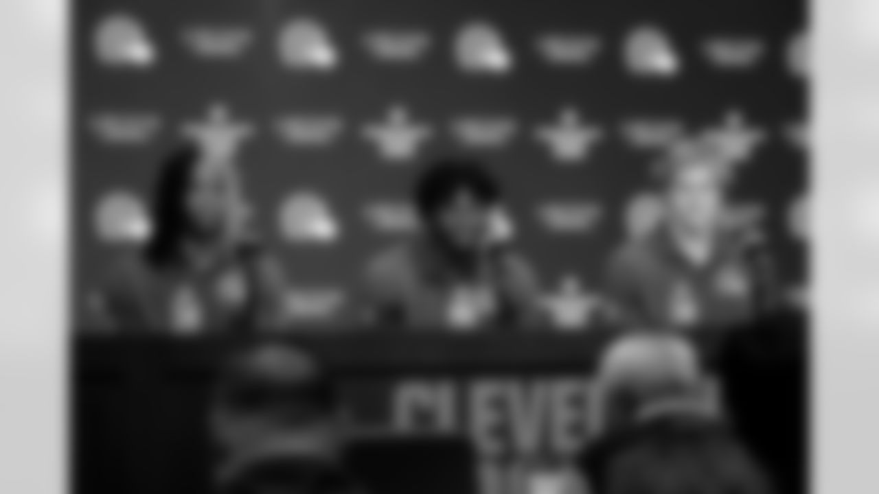 Browns second round pick Quinshon Judkins, Browns third round pick Harold Fannin Jr. and Browns second round pick Carson Schwesinger speak to the media in the Dino Lucarelli Media Center at CrossCountry Mortgage Campus during day three of the 2025 NFL Draft on April 26, 2025.