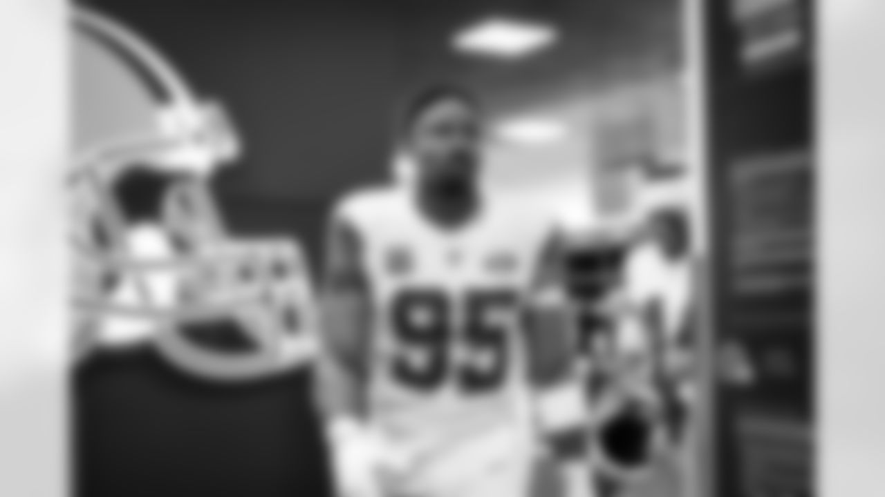 Defensive end Myles Garrett (95) before a NFL football game between the New York Jets and Cleveland Browns on Thursday Night Football on December 28, 2023 at Cleveland Browns Stadium.