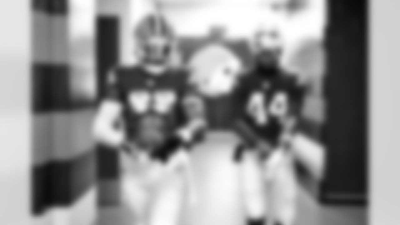 Tight end David Njoku (85) and Tight end Harold Fannin Jr. (44) before a NFL football game between the San Francisco 49ers and Cleveland Browns on November 30, 2025 at Huntington Bank Field.