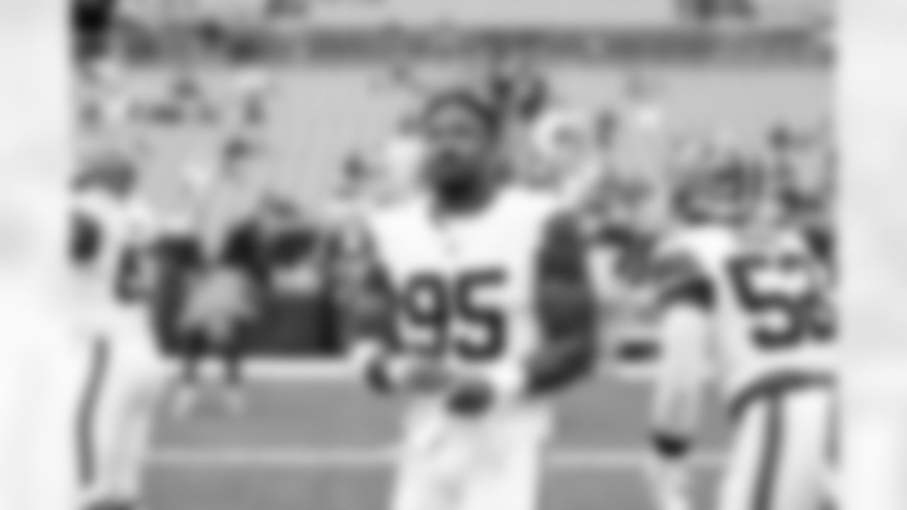 Defensive end Myles Garrett (95) before a preseason NFL football game between the Los Angeles Rams and Cleveland Browns on August 23, 2025 at Huntington Bank Field.