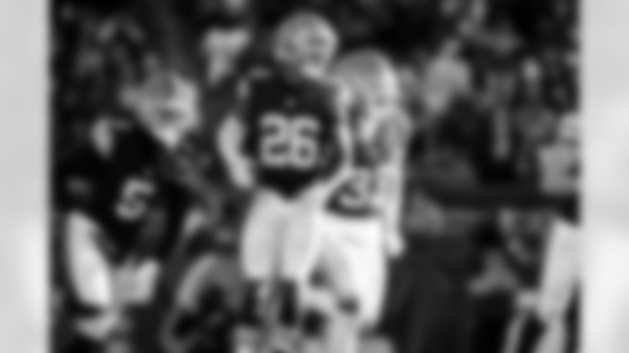 Safety Rayshawn Jenkins (5), Cornerback Myles Harden (26) and Safety Ronnie Hickman Jr. (33) during a NFL football game between the Buffalo Bills and Cleveland Browns on December 21, 2025 at Huntington Bank Field.