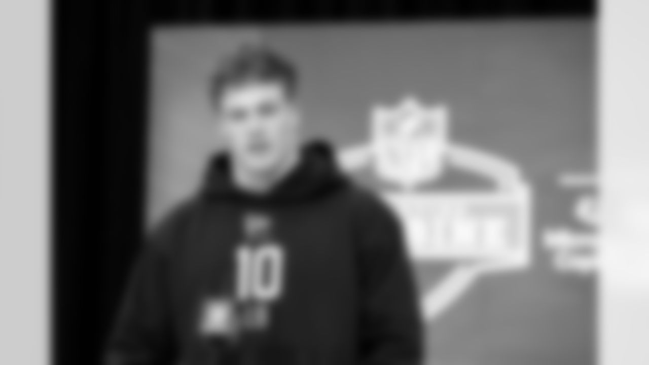 Linebacker Jake Golday, Cincinnati, speaks to the media at the 2026 NFL Combine on February 25, 2026 in Indianapolis, Indiana.