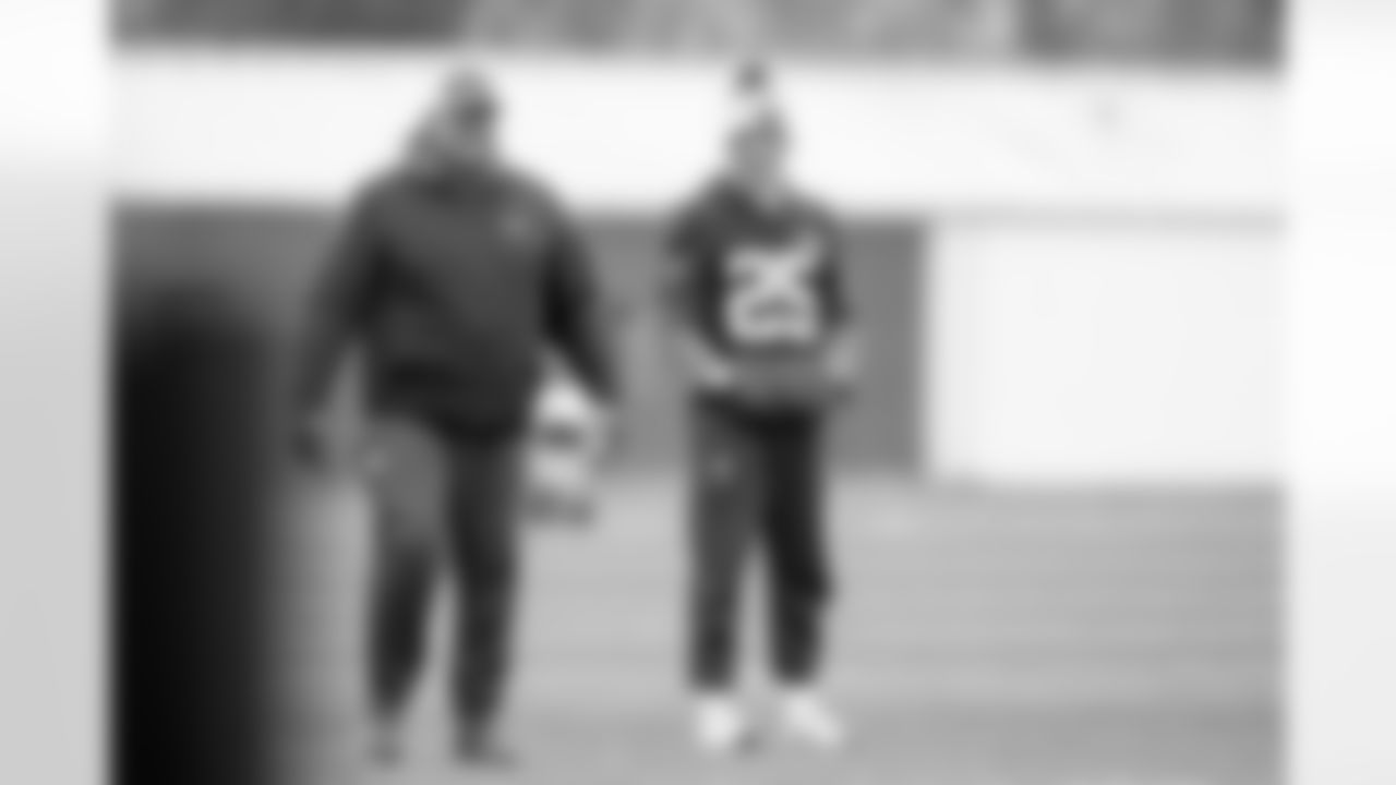 Assistant Groundskeeper Shaun Card and Kicker Andre Szmyt (25) during practice at CrossCountry Mortgage Campus on November 20, 2025.