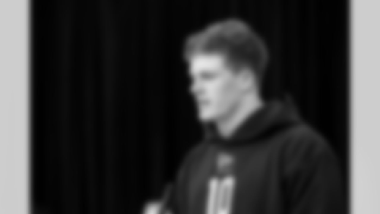 Linebacker Jake Golday, Cincinnati, speaks to the media at the 2026 NFL Combine on February 25, 2026 in Indianapolis, Indiana.