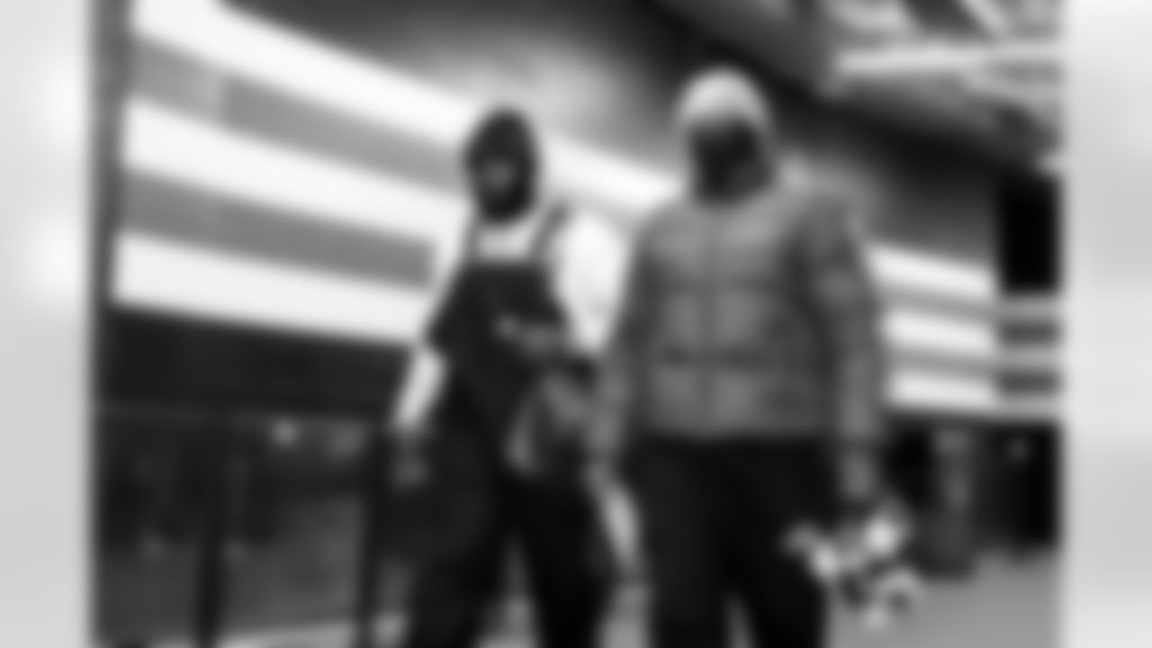 Tight end Blake Whiteheart (86) and Defensive tackle Mike Hall Jr. (51) before a NFL football game between the San Francisco 49ers and Cleveland Browns on November 30, 2025 at Huntington Bank Field.