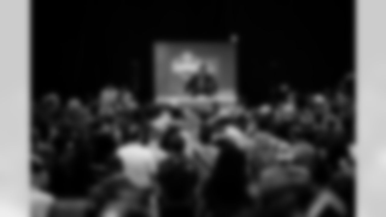 Quarterback Shedeur Sanders, Colorado, speaks to the media during his availability at the 2025 NFL Combine in Indianapolis, Indiana on February 28, 2025.