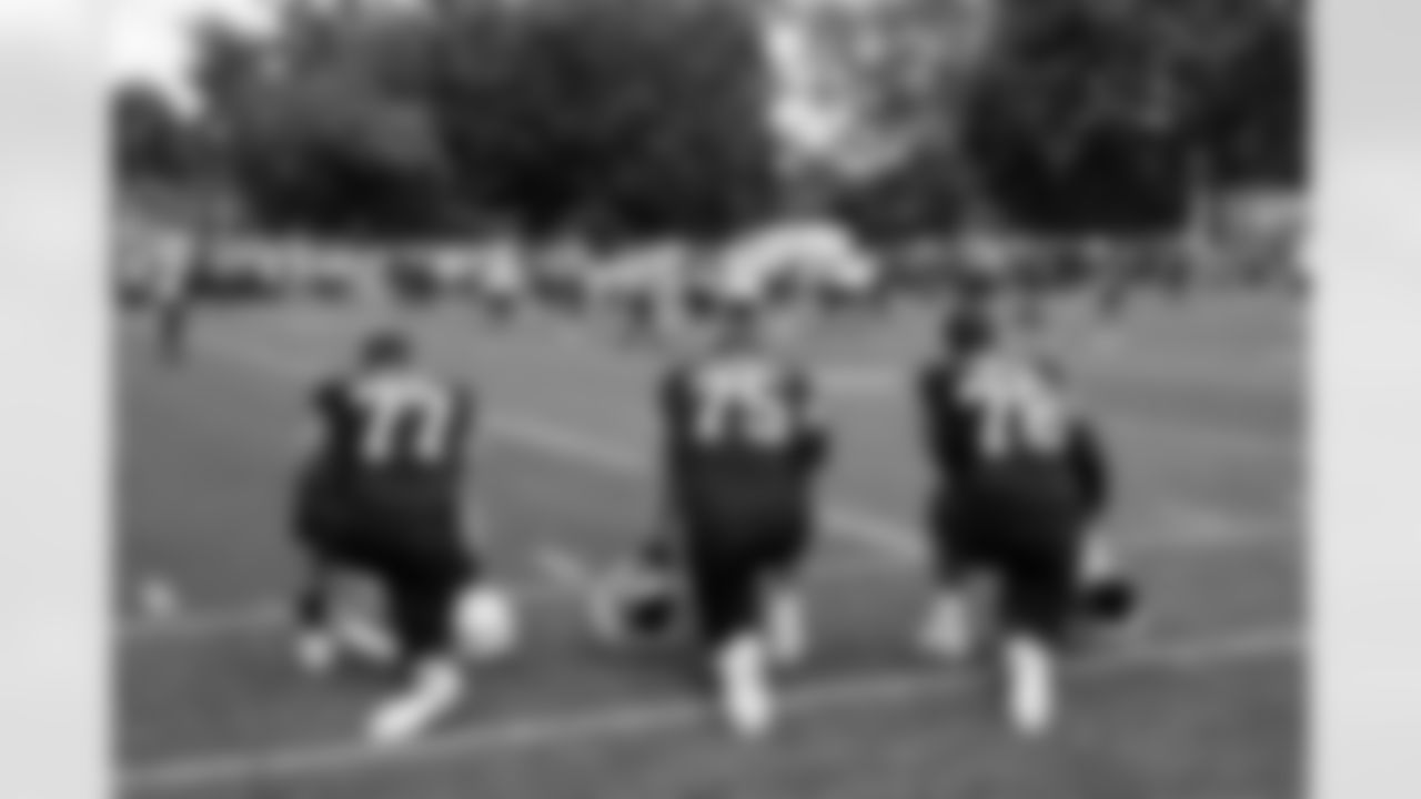 Offensive guard Wyatt Teller (77), Offensive guard Joel Bitonio (75) and Offensive tackle Jack Conklin (78) during Day 3 of Training Camp at CrossCountry Mortgage Campus on July 25, 2025.
