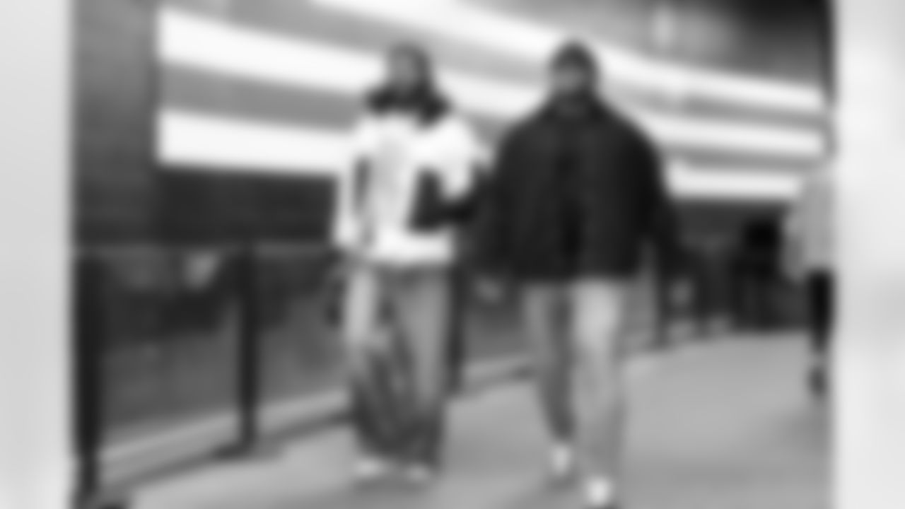 Cornerback Sam Webb (27) and Defensive lineman Adin Huntington (98) before a NFL football game between the San Francisco 49ers and Cleveland Browns on November 30, 2025 at Huntington Bank Field.