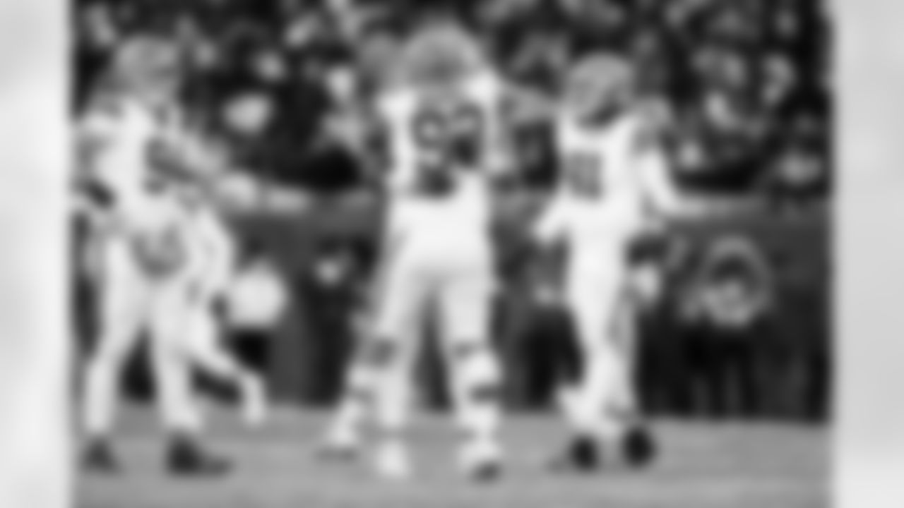 Defensive end Myles Garrett (95) and Defensive tackle Shelby Harris (93) during a NFL football game between the Cleveland Browns and Chicago Bears on December 14, 2025 at Soldier Field.
