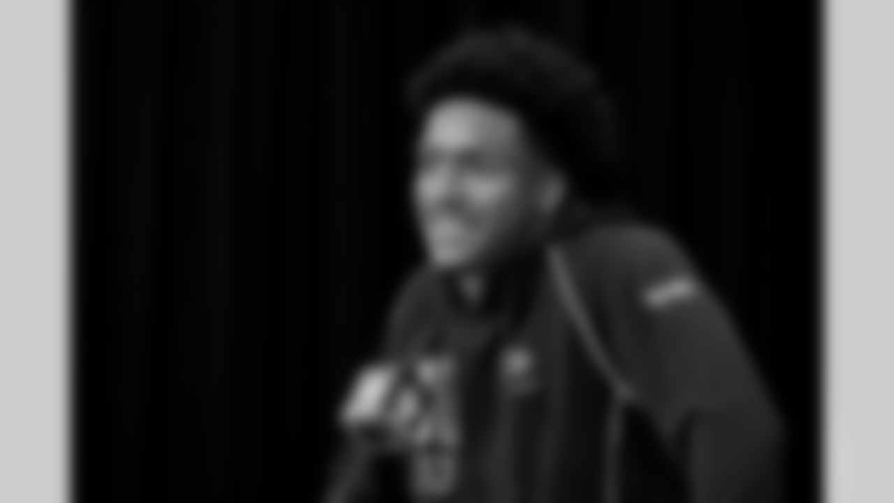 Defensive back Avery Smith, Toledo, speaks to the media at the 2026 NFL Combine on February 26, 2026 in Indianapolis, Indiana.