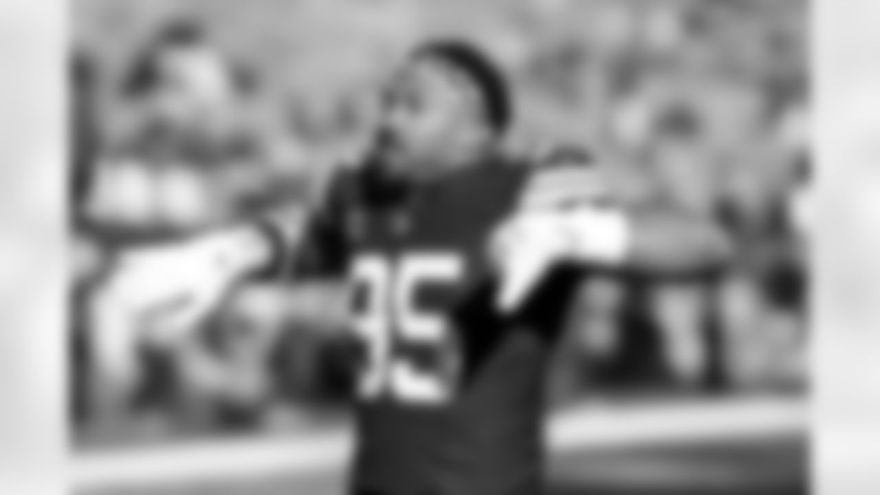 Defensive end Myles Garrett (95) before a NFL football game between the Buffalo Bills and Cleveland Browns on December 21, 2025 at Huntington Bank Field.