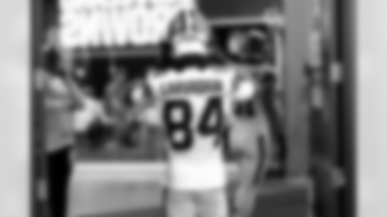Wide receiver Gage Larvadain (84) before a preseason NFL football game between the Los Angeles Rams and Cleveland Browns on August 23, 2025 at Huntington Bank Field.