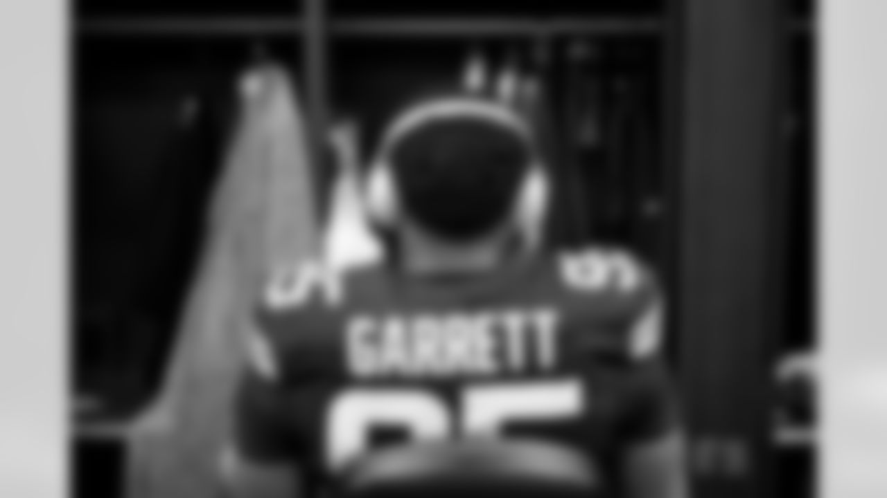 Defensive end Myles Garrett (95) before a NFL football game between the Buffalo Bills and Cleveland Browns on December 21, 2025 at Huntington Bank Field.