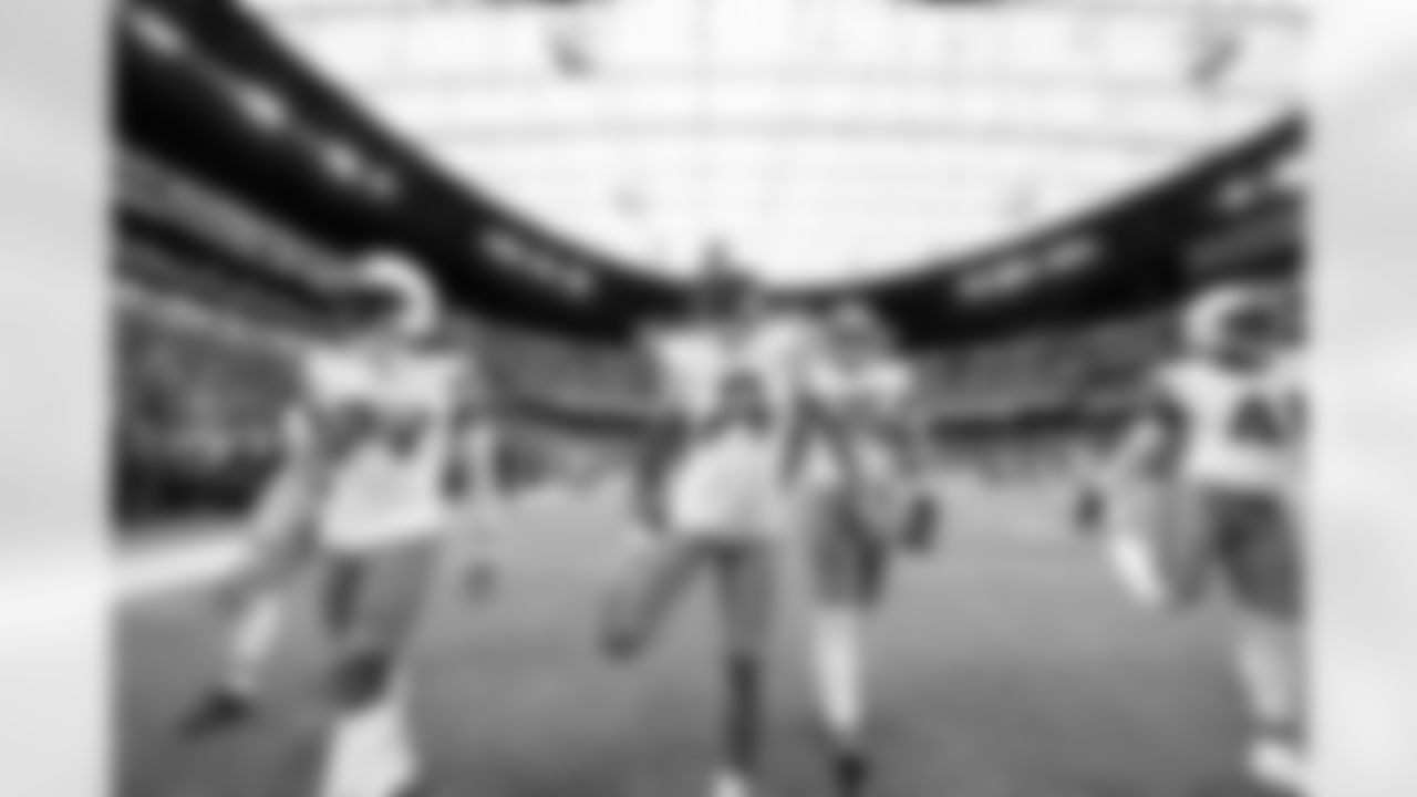 Safety Ronnie Hickman Jr. (33), Safety Grant Delpit (9), Tight end David Njoku (85), and Safety Christopher Edmonds (41) before a NFL football game between the Cleveland Browns and Las Vegas Raiders on November 23, 2025 at Allegiant Stadium.