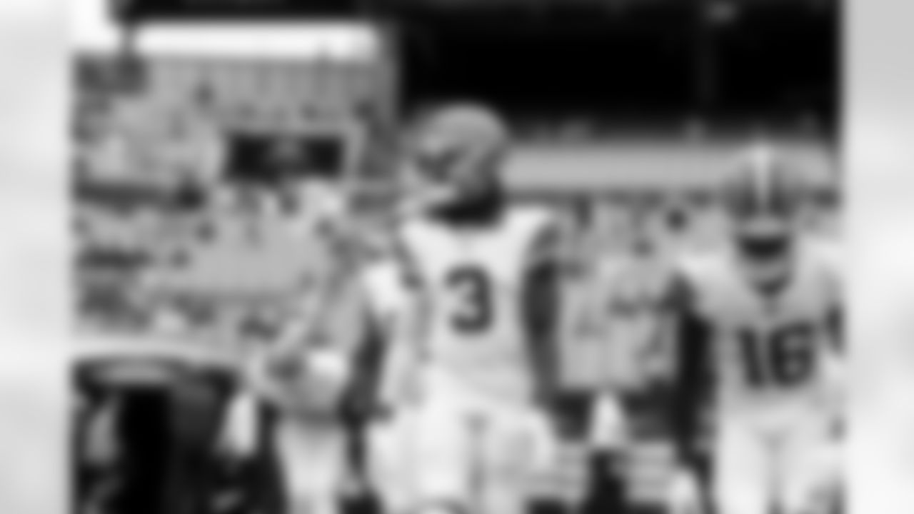 Wide receiver Jerry Jeudy (3) before a preseason NFL football game between the Los Angeles Rams and Cleveland Browns on August 23, 2025 at Huntington Bank Field.