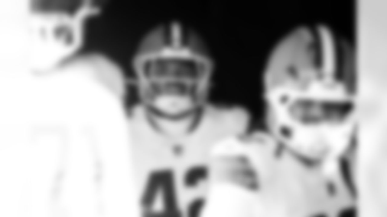 Linebacker Easton Mascarenas-Arnold (42) before a NFL football game between the Cleveland Browns and Chicago Bears on December 14, 2025 at Soldier Field.