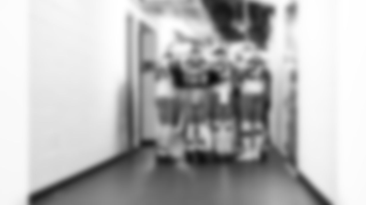 Defensive back D'Angelo Ross (20), Cornerback Myles Harden (26), Cornerback Denzel Ward (21), and Cornerback Sam Webb (27) before a NFL football game between the Cleveland Browns and Las Vegas Raiders on November 23, 2025 at Allegiant Stadium.