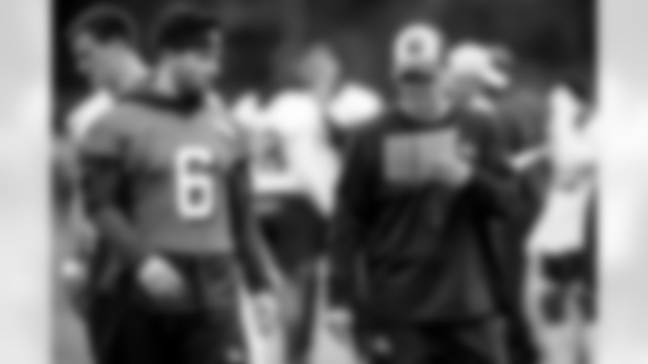 Quarterback Baker Mayfield (6) and Offensive Coordinator Todd Monken during the seventh practice of OTAs on May 28, 2019.