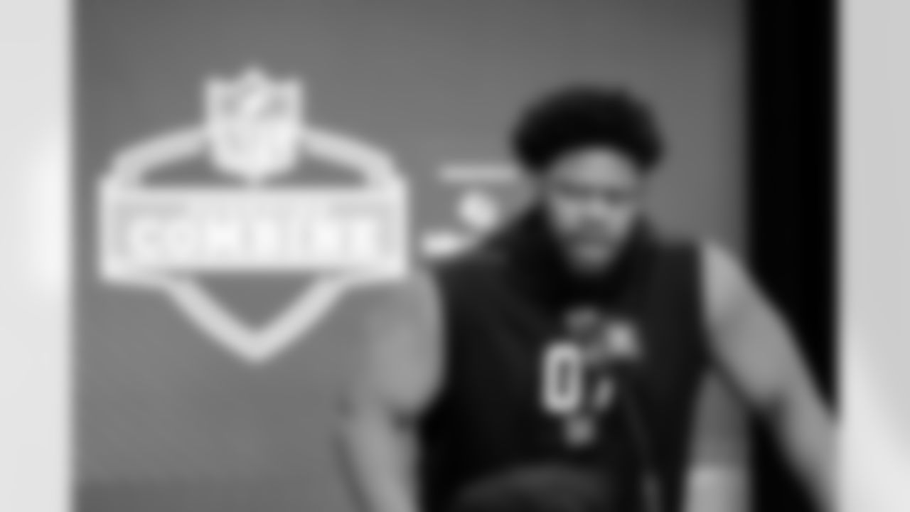 Defensive lineman Dontay Corleone, Cincinnati, speaks to the media at the 2026 NFL Combine on February 25, 2026 in Indianapolis, Indiana.