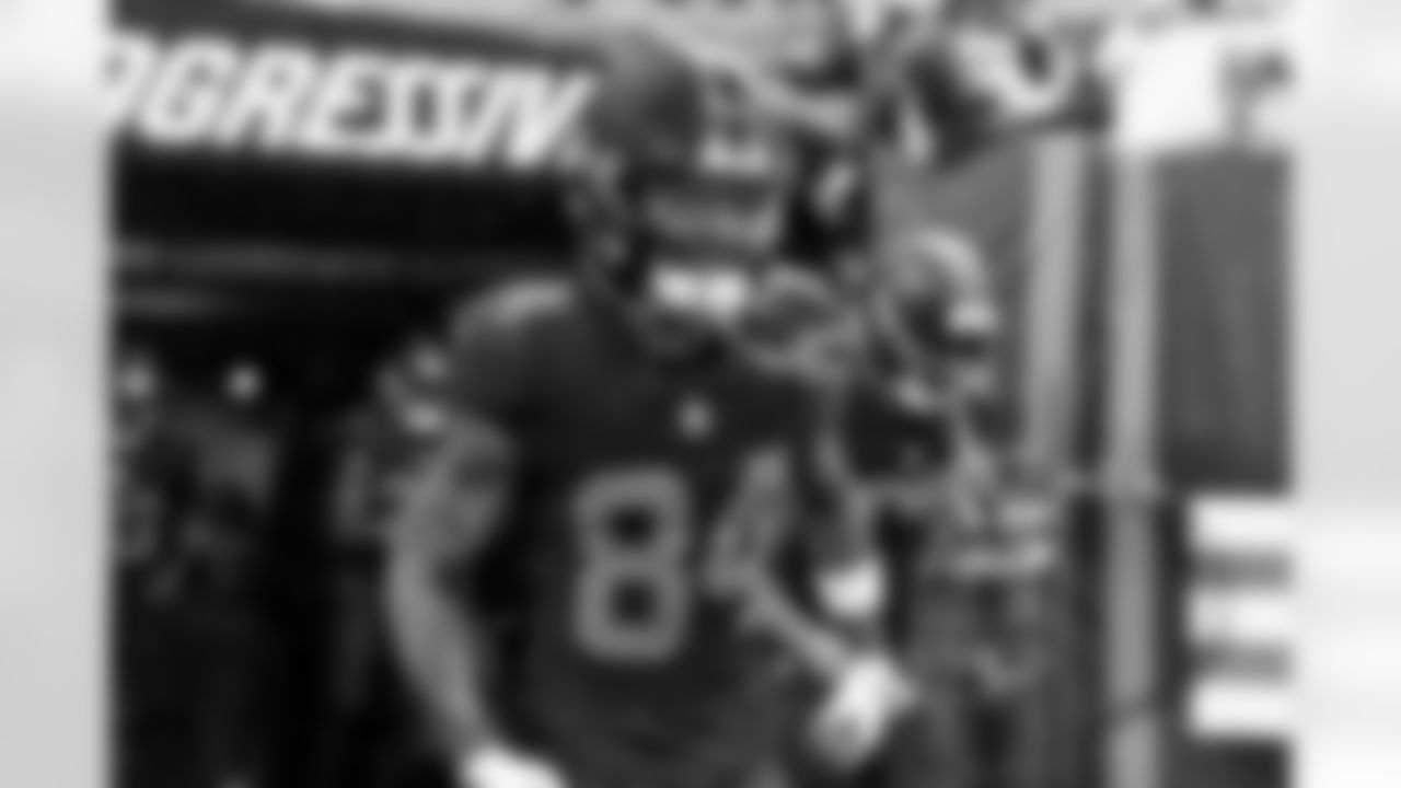 Wide receiver Gage Larvadain (84) before a NFL football game between the Miami Dolphins and Cleveland Browns on October 19, 2025 at Huntington Bank Field.