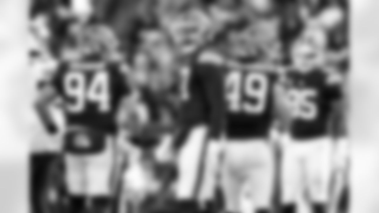 Defensive tackle Mason Graham (94), Defensive end Isaiah McGuire (57), Linebacker Carson Schwesinger (49), and Defensive end Myles Garrett (95) during a NFL football game between the Buffalo Bills and Cleveland Browns on December 21, 2025 at Huntington Bank Field.