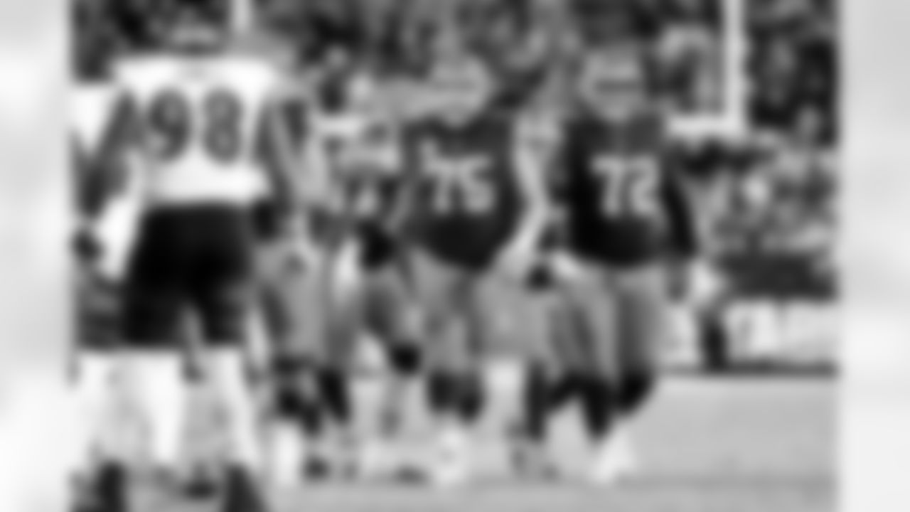 Offensive guard Joel Bitonio (75) and Offensive tackle KT Leveston (72) during a NFL football game between the Baltimore Ravens and Cleveland Browns on November 16, 2025 at Huntington Bank Field.