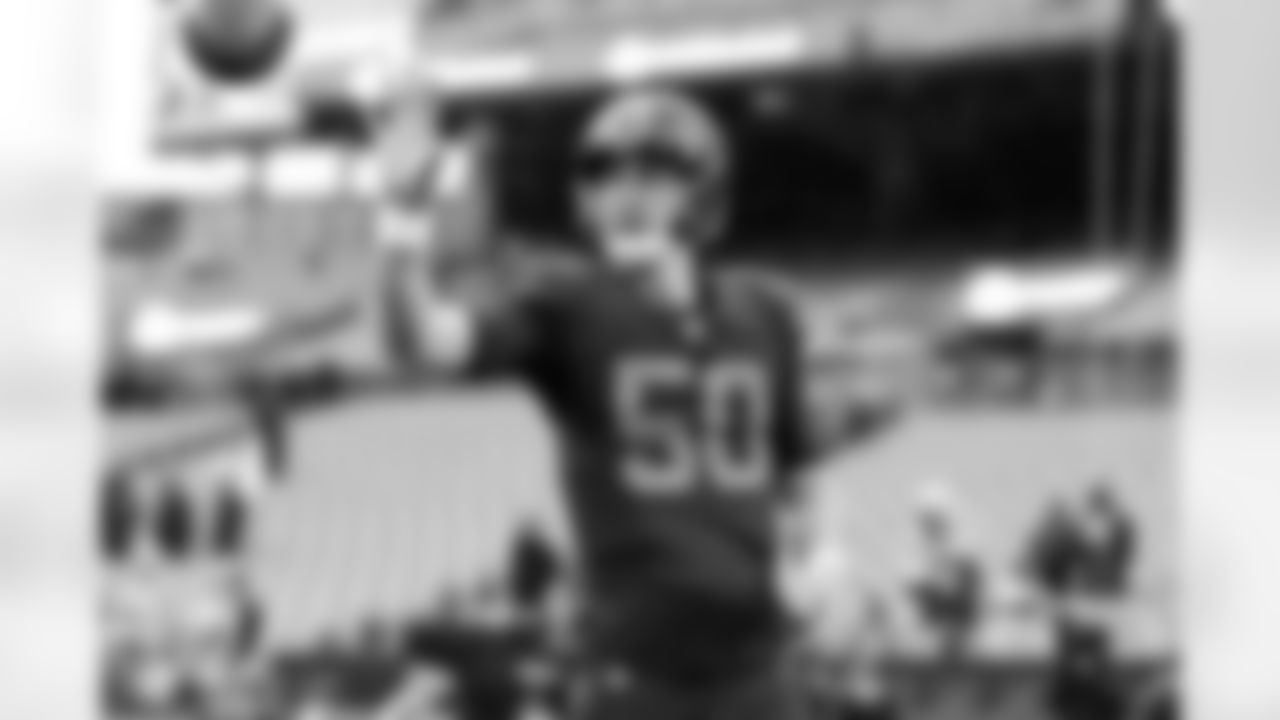 Long snapper Rex Sunahara (50) before a NFL football game between the Miami Dolphins and Cleveland Browns on October 19, 2025 at Huntington Bank Field.
