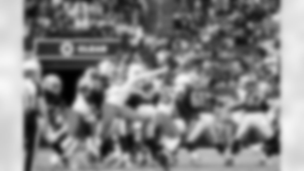 Defensive end Myles Garrett (95) and Defensive end Isaiah McGuire (57) during a NFL football game between the Cleveland Browns and Las Vegas Raiders on November 23, 2025 at Allegiant Stadium.