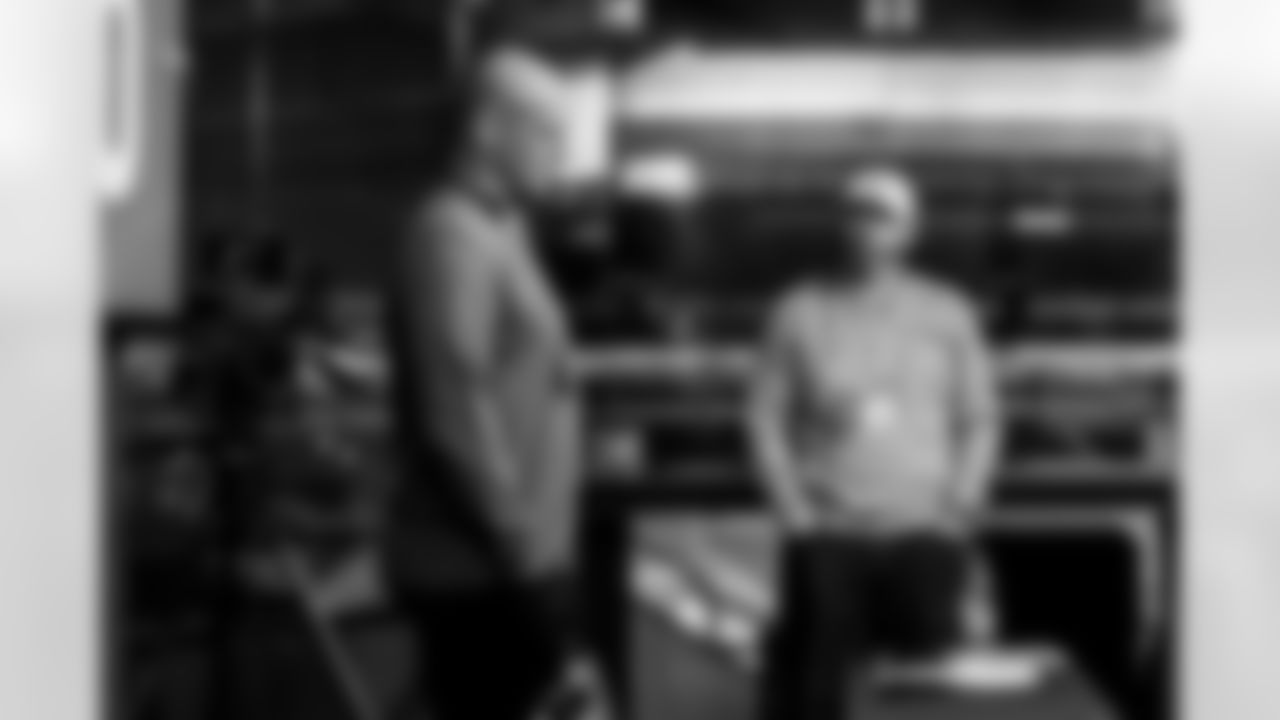 INDIANAPOLIS, IN - February 25, 2026 - Tight Ends Coach Justin Peelle of the Tampa Bay Buccaneers and Vice President of Player Personnel Mike Biehl during Formal Interviews at the 2026 NFL Combine at Lucas Oil Stadium. Photo By Tori Richman/Tampa Bay Buccaneers