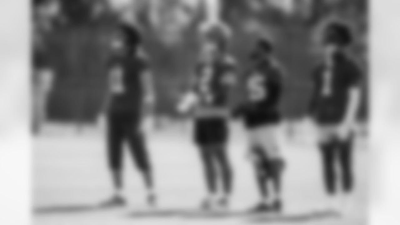 TAMPA, FL - December 04, 2025 - Wide Receiver Jalen McMillan #11, Wide Receiver Emeka Egbuka #2, Wide Receiver Tez Johnson #15 and Running Back Rachaad White #1 of the Tampa Bay Buccaneers during practice at AdventHealth Training Center. Photo By Tori Richman/Tampa Bay Buccaneers