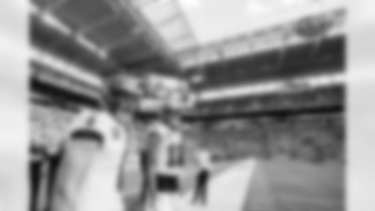 MIAMI GARDENS, FL - December 28, 2025 - Quarterback Baker Mayfield #6 and Wide Receiver Mike Evans #13 of the Tampa Bay Buccaneers before the game between the Tampa Bay Buccaneers and Miami Dolphins. The Bucs lost the game, 20-17. Photo By Tori Richman/Tampa Bay Buccaneers