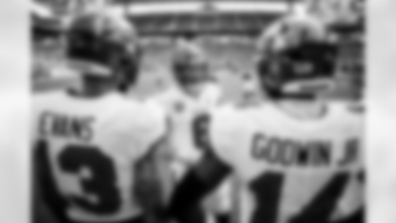 MIAMI GARDENS, FL - December 28, 2025 - Quarterback Baker Mayfield #6 with Wide Receiver Mike Evans #13 and Wide Receiver Chris Godwin Jr. #14 of the Tampa Bay Buccaneers before the game between the Tampa Bay Buccaneers and Miami Dolphins. The Bucs lost the game, 20-17. Photo By Kyle Zedaker/Tampa Bay Buccaneers