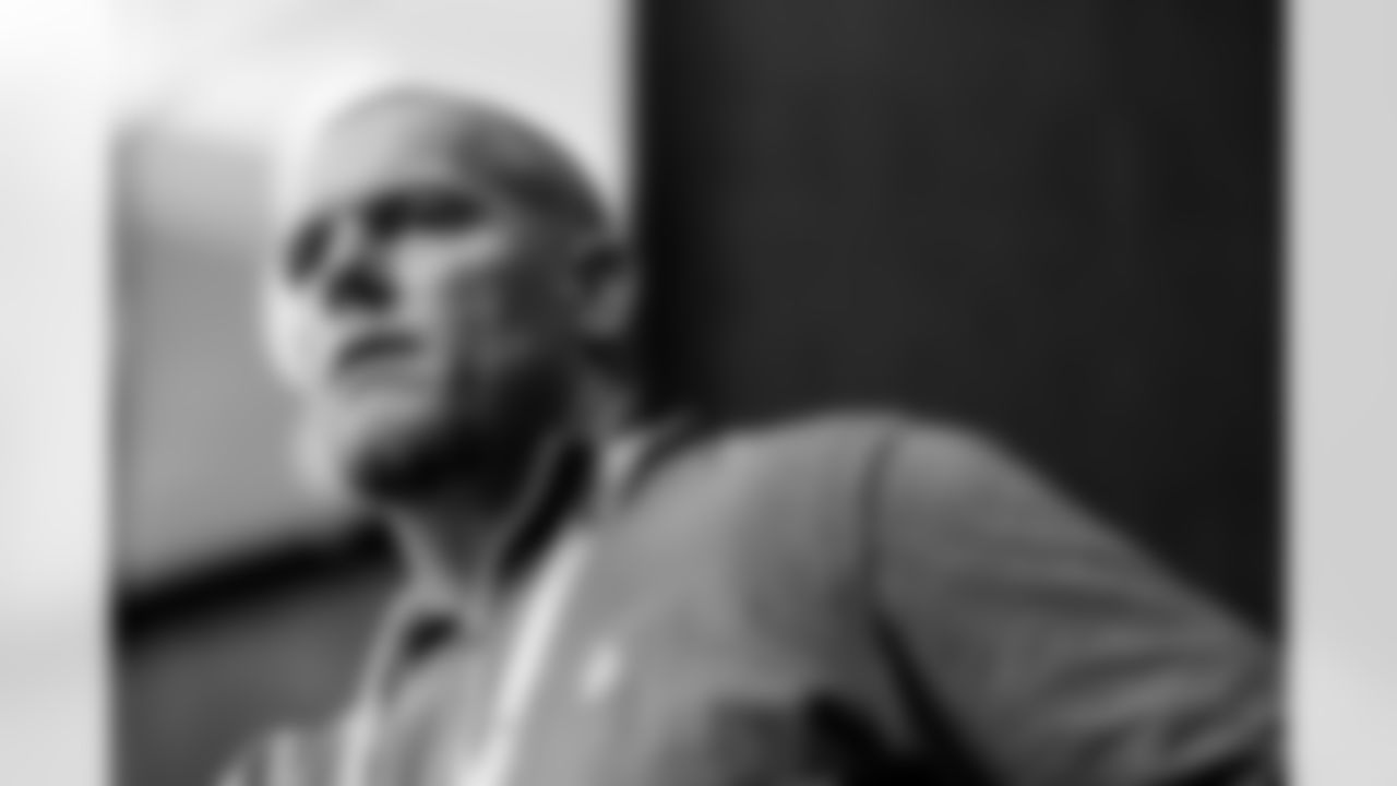 INDIANAPOLIS, IN - February 25, 2026 - Tight Ends Coach Justin Peelle of the Tampa Bay Buccaneers during Formal Interviews at the 2026 NFL Combine at Lucas Oil Stadium. Photo By Tori Richman/Tampa Bay Buccaneers