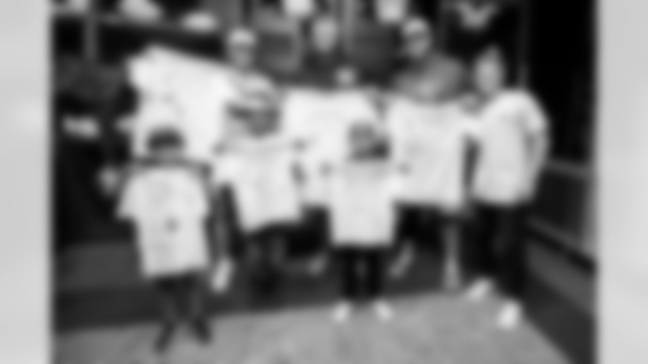 TAMPA, FL - November 19, 2025 - Quarterback Baker Mayfield #6, Tackle Tristan Wirfs #78, and Guard Ben Bredeson #68 of the Tampa Bay Buccaneers during a visit with Triumph Together Cancer Warriors. Photo By Kyle Zedaker/Tampa Bay Buccaneers