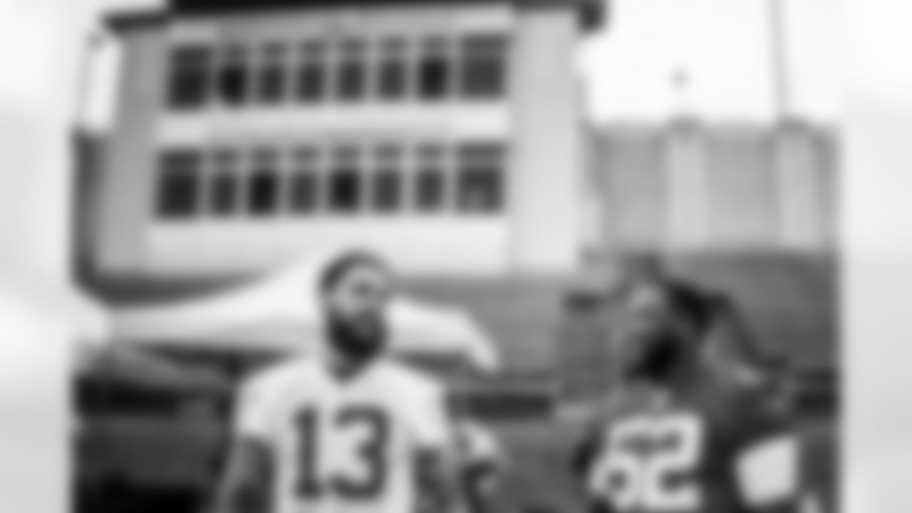 PITTSBURGH, PA - August 13, 2025 - Wide Receiver Mike Evans #13 and Defensive Lineman C.J. Brewer #52 of the Tampa Bay Buccaneers during practice at Gesling Stadium. Photo By Tori Richman/Tampa Bay Buccaneers