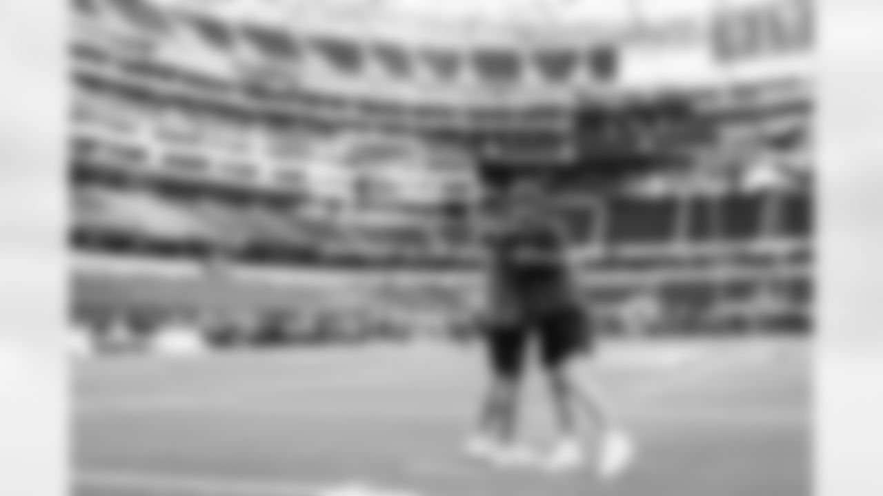 INGLEWOOD, CA - November 23, 2025 - Quarterback Baker Mayfield #6 of the Tampa Bay Buccaneers and Los Angeles Rams Quarterback Matt Stafford before the game between the Tampa Bay Buccaneers and Los Angeles Rams. The Bucs lost the game, 34-7. Photo By Tori Richman/Tampa Bay Buccaneers