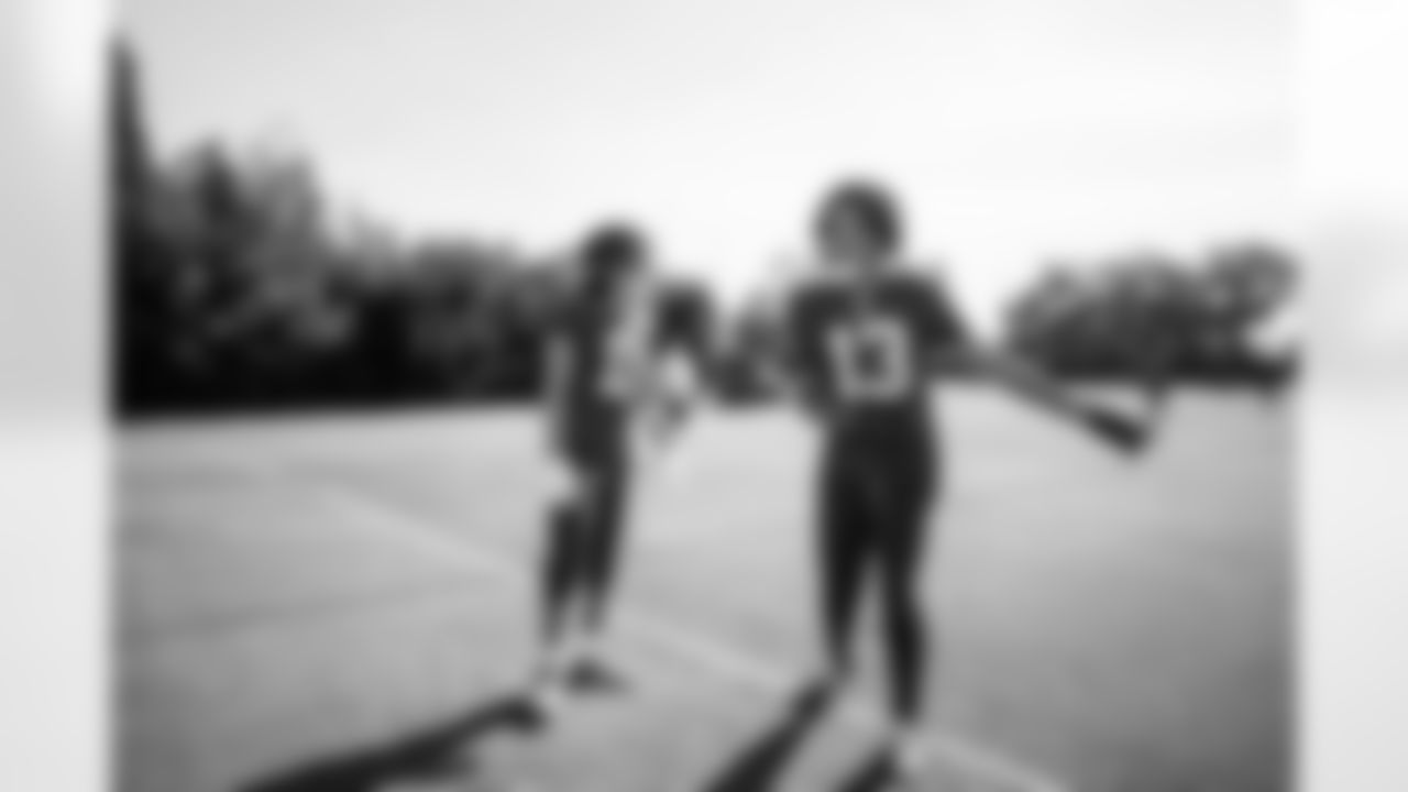 TAMPA, FL - December 04, 2025 - Wide Receiver Jalen McMillan #11 and Wide Receiver Mike Evans #13 of the Tampa Bay Buccaneers during practice at AdventHealth Training Center. Photo By Tori Richman/Tampa Bay Buccaneers