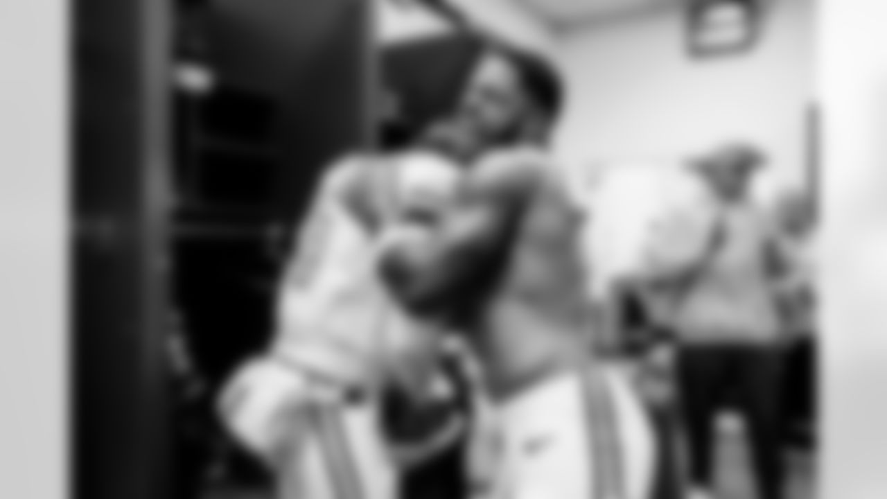 SEATTLE, WA - October 05, 2025 - Quarterback Baker Mayfield #6 and Wide Receiver Sterling Shepard #17 of the Tampa Bay Buccaneers after the game between the Tampa Bay Buccaneers and Seattle Seahawks. The Bucs won the game, 38-35. Photo By Tori Richman/Tampa Bay Buccaneers
