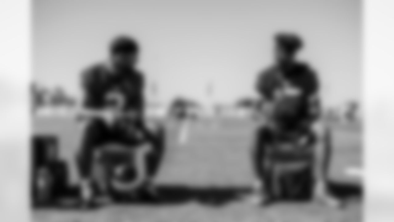 TAMPA, FL - November 20, 2025 - Wide Receiver Emeka Egbuka #2 and Wide Receiver Tez Johnson #15 of the Tampa Bay Buccaneers during practice at AdventHealth Training Center. Photo By Tori Richman/Tampa Bay Buccaneers