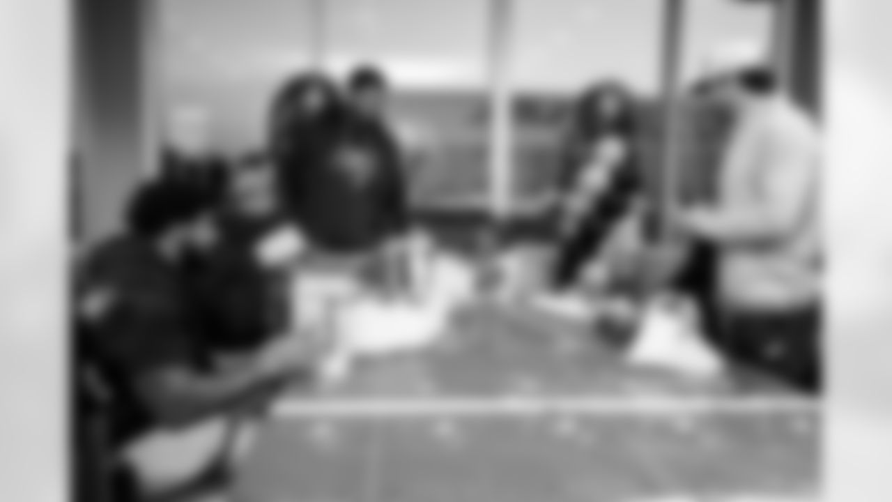 TAMPA, FL - November 19, 2025 - Guard Ben Bredeson #68, Tackle Tristan Wirfs #78, and Quarterback Baker Mayfield #6 of the Tampa Bay Buccaneers during a visit with Triumph Together Cancer Warriors. Photo By Kyle Zedaker/Tampa Bay Buccaneers