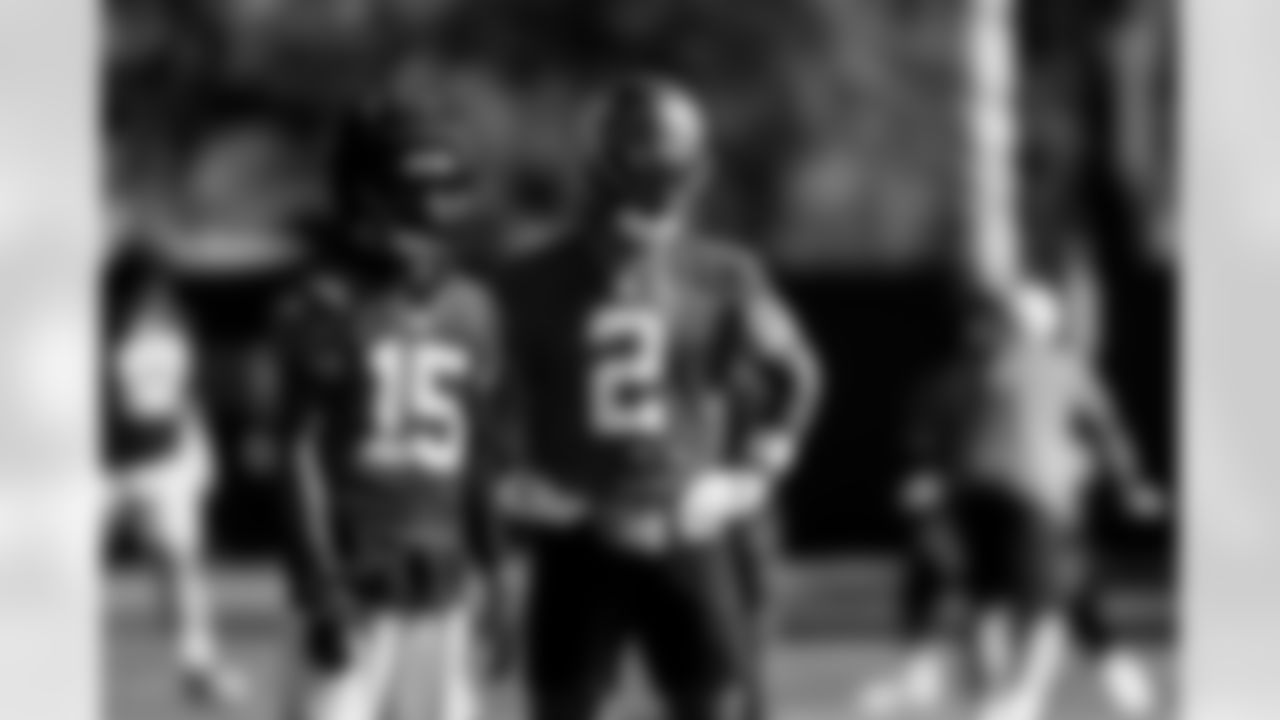 TAMPA, FL - December 04, 2025 - Wide Receiver Tez Johnson #15 and Wide Receiver Emeka Egbuka #2 of the Tampa Bay Buccaneers during practice at AdventHealth Training Center. Photo By Tori Richman/Tampa Bay Buccaneers