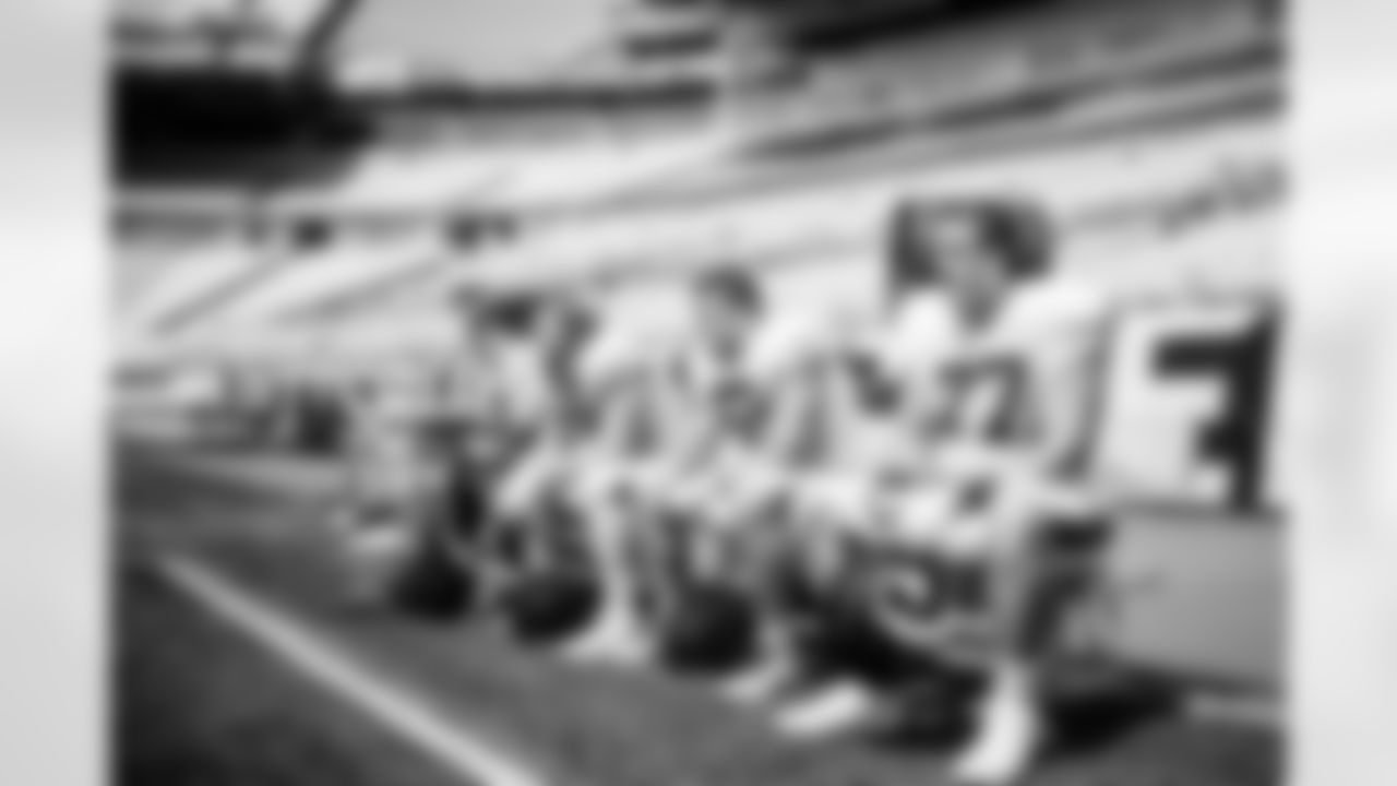 PITTSBURGH, PA - August 14, 2025 - Guard Luke Goedeke #67, Guard Cody Mauch #69, Center Graham Barton #62 and Tackle Charlie Heck #77 of the Tampa Bay Buccaneers during a joint practice with the Pittsburgh Steelers at Acrisure Stadium. Photo By Tori Richman/Tampa Bay Buccaneers