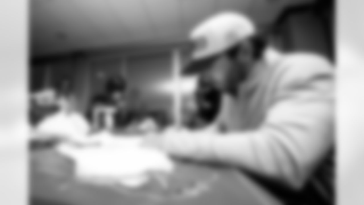 TAMPA, FL - November 19, 2025 - Quarterback Baker Mayfield #6 of the Tampa Bay Buccaneers during a visit with Triumph Together Cancer Warriors. Photo By Kyle Zedaker/Tampa Bay Buccaneers