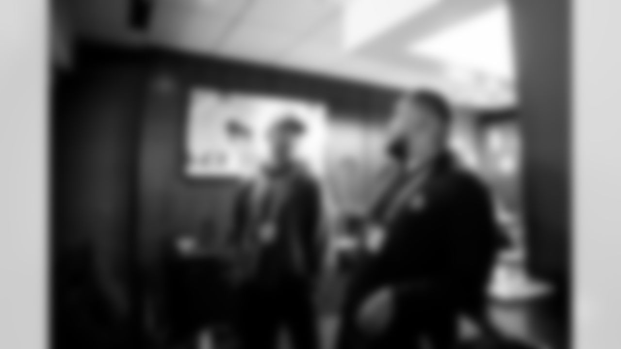 INDIANAPOLIS, IN - February 26, 2026 - College Scout Emmett Clifford and Assistant Director of Pro Scouting Sean Conley during Workouts at the 2026 NFL Combine at Lucas Oil Stadium. Photo By Tori Richman/Tampa Bay Buccaneers