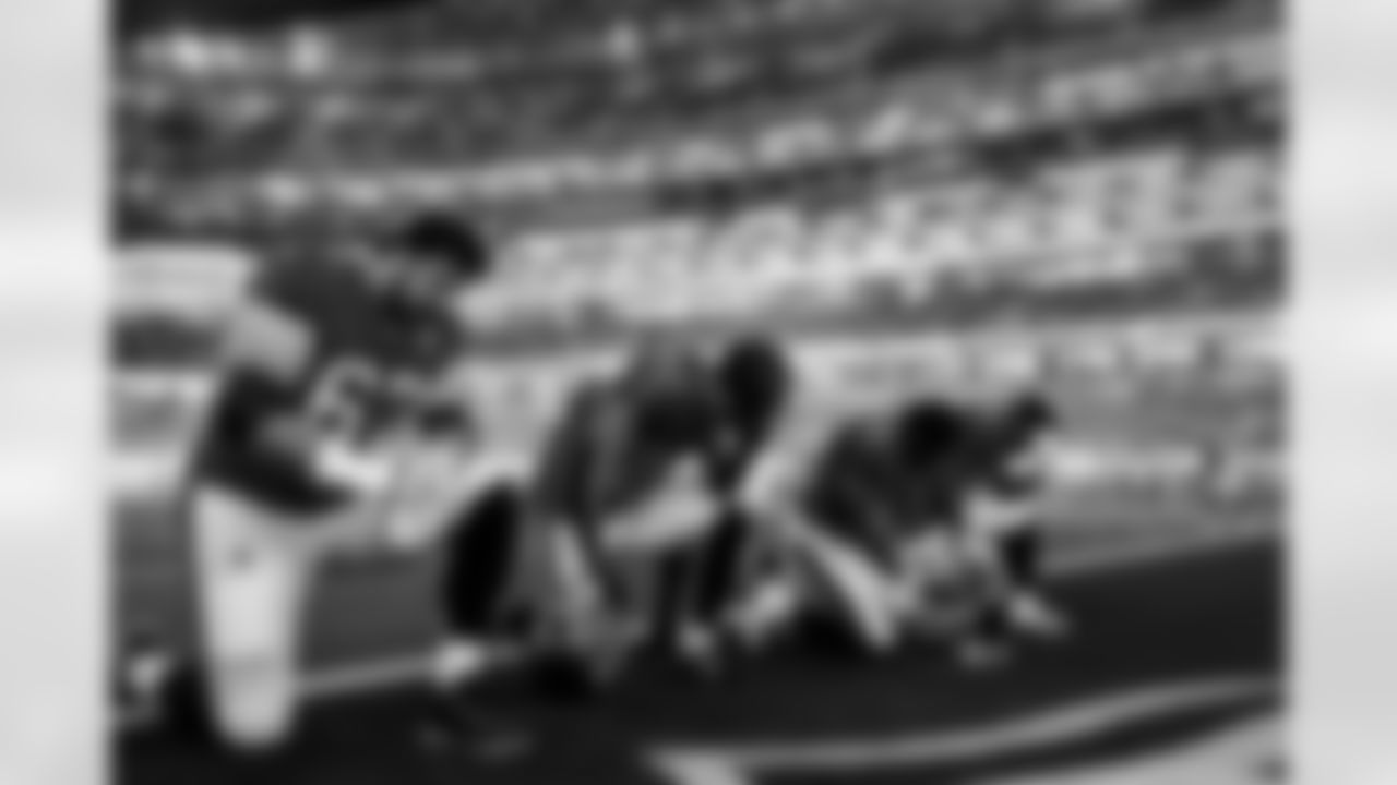 INGLEWOOD, CA - November 23, 2025 - Guard Luke Goedeke #67, Cornerback Zyon McCollum #27, Wide Receiver Kameron Johnson #19 and Running Back Owen Wright #49 of the Tampa Bay Buccaneers before the game between the Tampa Bay Buccaneers and Los Angeles Rams. The Bucs lost the game, 34-7. Photo By Tori Richman/Tampa Bay Buccaneers