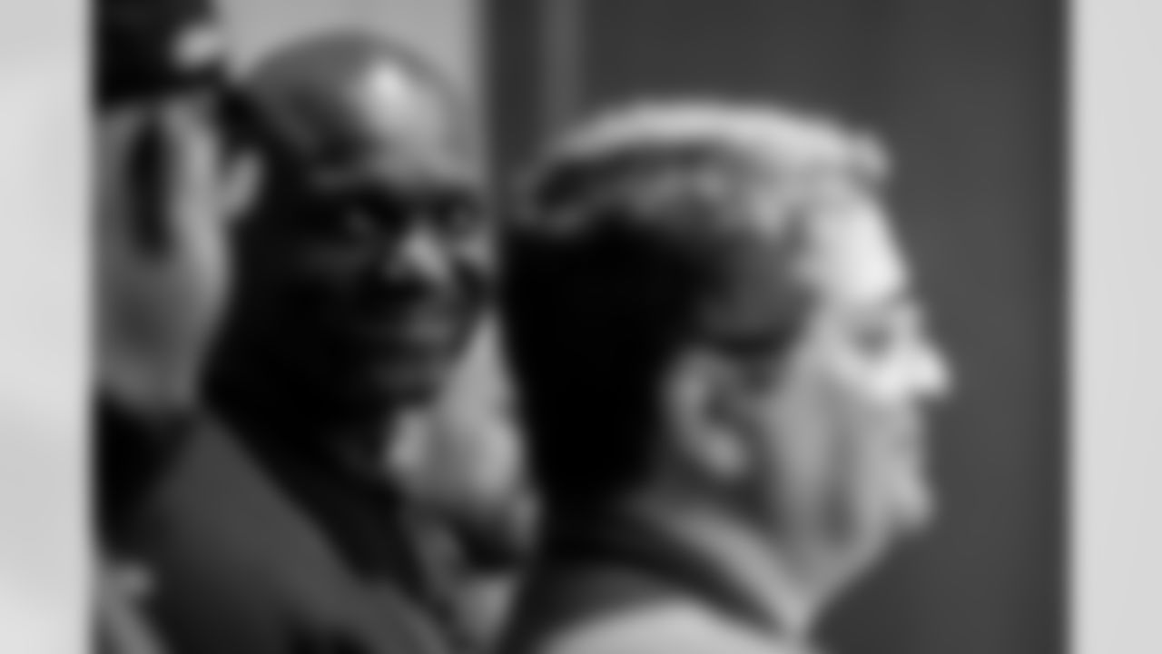 TAMPA, FL - March 22, 2024 - Head Coach Todd Bowles of the Tampa Bay Buccaneers during Inside Linebacker Lavonte David #54 of the Tampa Bay Buccaneers conference after signing his contract at AdventHealth Training Center. Photo By Tori Richman/Tampa Bay Buccaneers