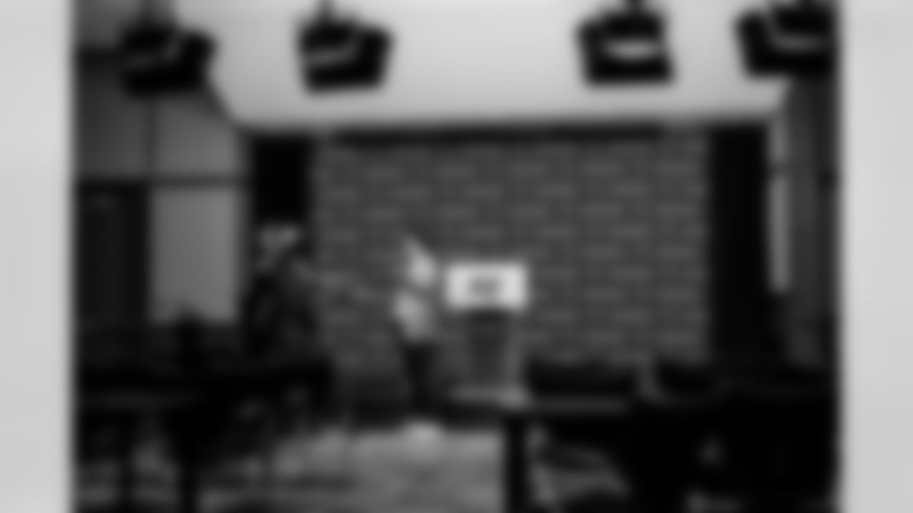 TAMPA, FL - January 27, 2026 - Offensive Coordinator Zac Robinson of the Tampa Bay Buccaneers speaks with the media after his introductory press conference at AdventHealth Training Center. Photo By Tori Richman/Tampa Bay Buccaneers