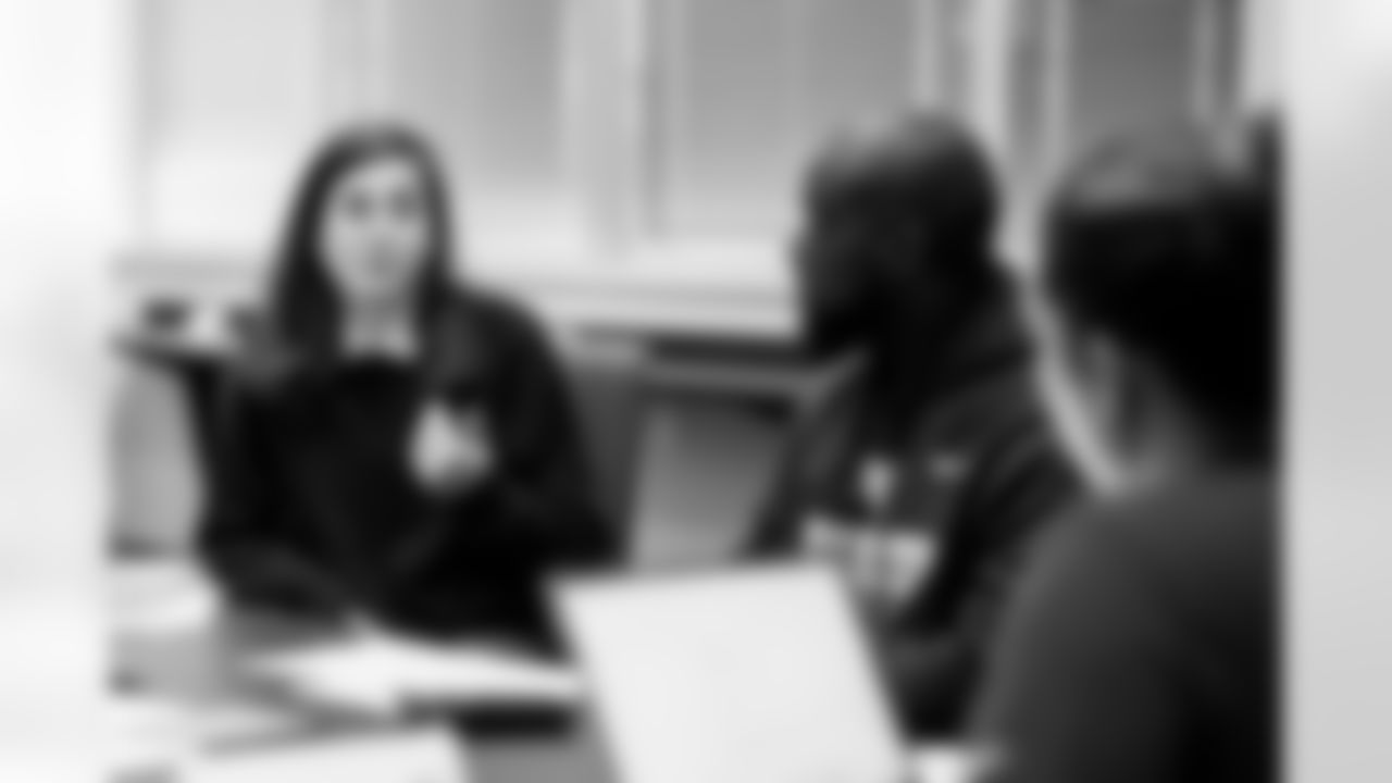 TAMPA, FL - May 09, 2024 - Ester Alencar, Quarterbacks Coach Rio Preto Weilers, during a mock interview session as part of the National Coaching Academy at AdventHealth Training Center. Photo By Kyle Zedaker/Tampa Bay Buccaneers