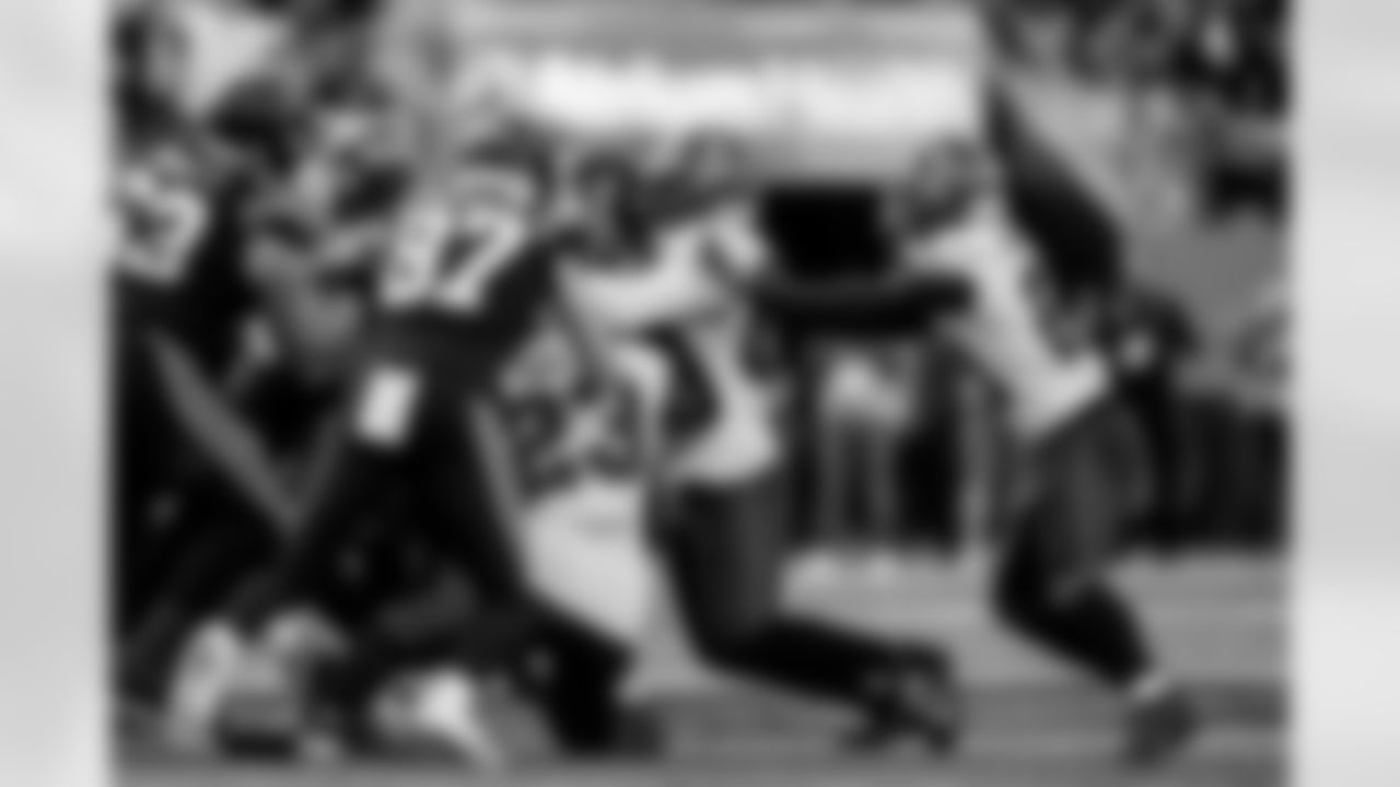 CHARLOTTE, NC - December 21, 2025 - Safety Tykee Smith #23, Inside Linebacker Lavonte David #54 and Cornerback Benjamin Morrison #21 of the Tampa Bay Buccaneers during the game between the Tampa Bay Buccaneers and Carolina Panthers. The Bucs lost the game, 23-20. Photo By Tori Richman/Tampa Bay Buccaneers