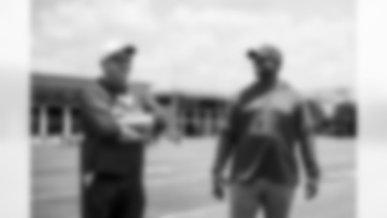 TAMPA, FL - May 09, 2025 - General Manager Jason Licht and Head Coach Todd Bowles of the Tampa Bay Buccaneers during 2025 Rookie Mini Camp at AdventHealth Training Center. Photo By Tori Richman/Tampa Bay Buccaneers